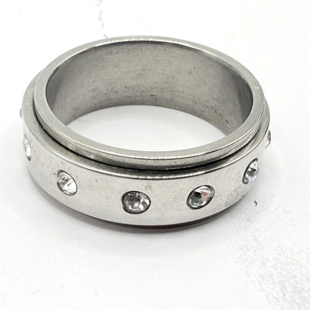Silver Tone Clear Crystal Spinner Ring Size 11 Wide Eternity Band